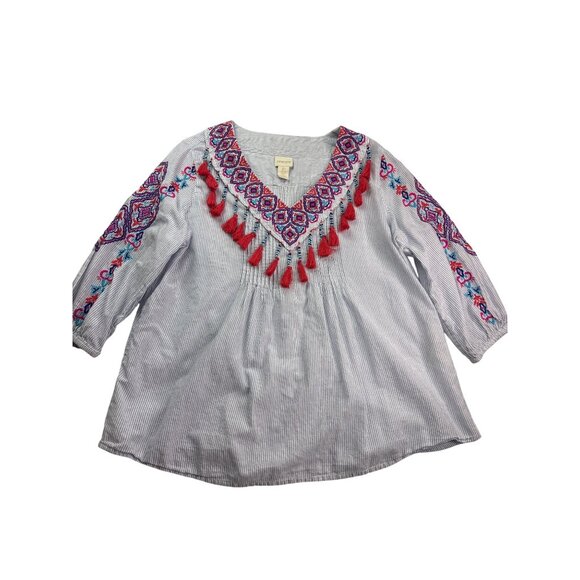 Chico's Womens Boho Embroidered Tassel Tunic Top Size M Petite Pinstripe Cotton - Picture 1 of 11